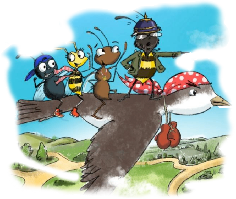 0123 A cartoon of people riding on the back of a bird.