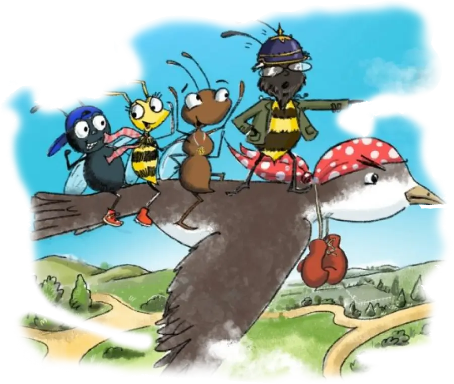 A cartoon of people riding on the back of a bird.